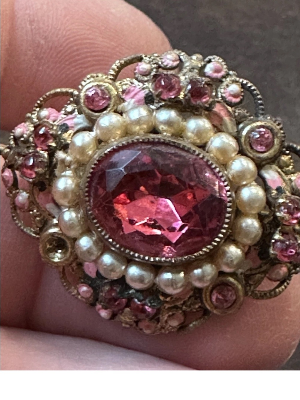 Vintage Pink Glass Brooch Signed Czechoslovakia Enamel Filigree Faux Pearl-1930s